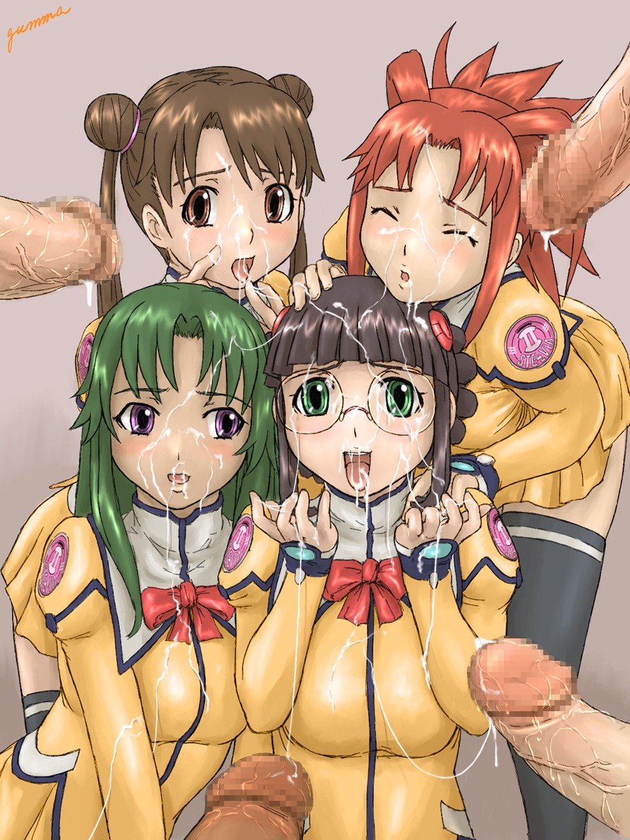 arisa_glennorth bukkake censored cum faceless_male fujisawa_yayoi glasses green_hair group highres katase_shima kayama_akira kisaragi_gunma male rule34 uchuu_no_stellvia