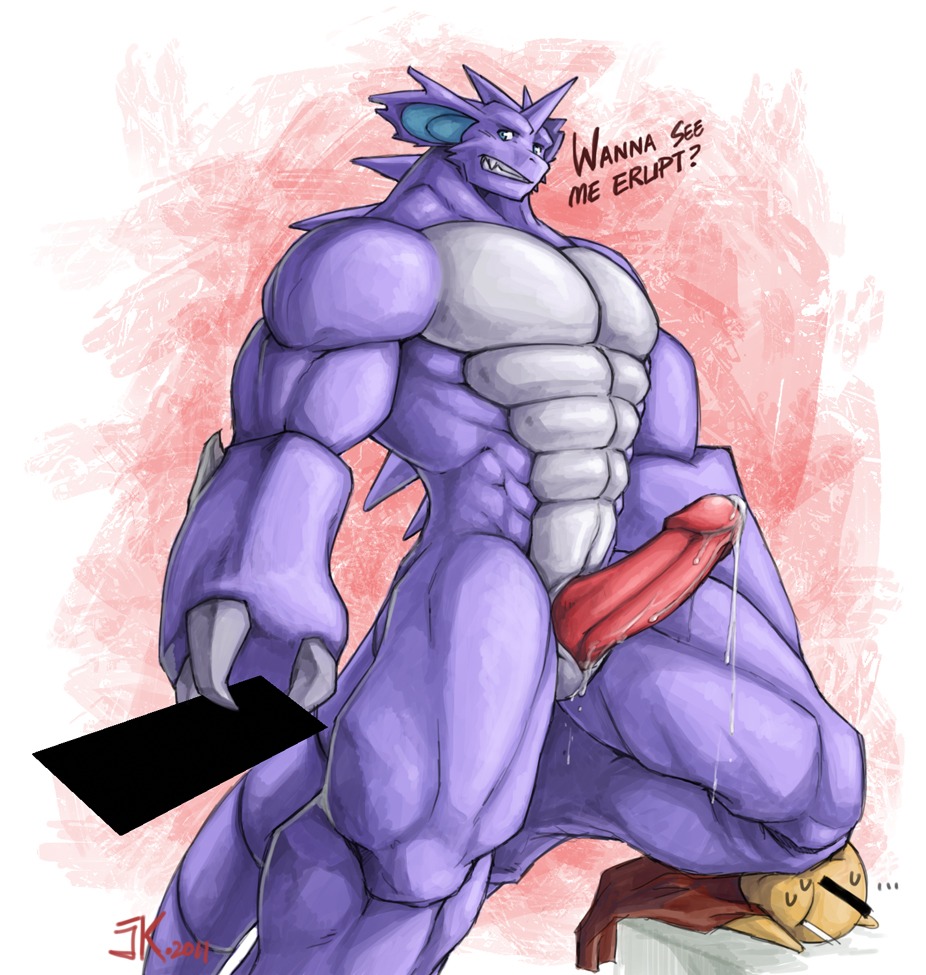 2011 abs anthro anthrofied barazoku biceps big_muscles big_penis bodily_fluids censor_bar censor_begone censored censored_face censorman claws crush dripping duo e621 erection generation_1_pokemon genital_fluids genitals horn huge_muscles ineffective_censorship kuron male muscular muscular_male nidoking nintendo pecs penis physical_censor_bar pokemon pokemon_(species) pokemorph precum solo_focus syrinox tail thick_penis vein