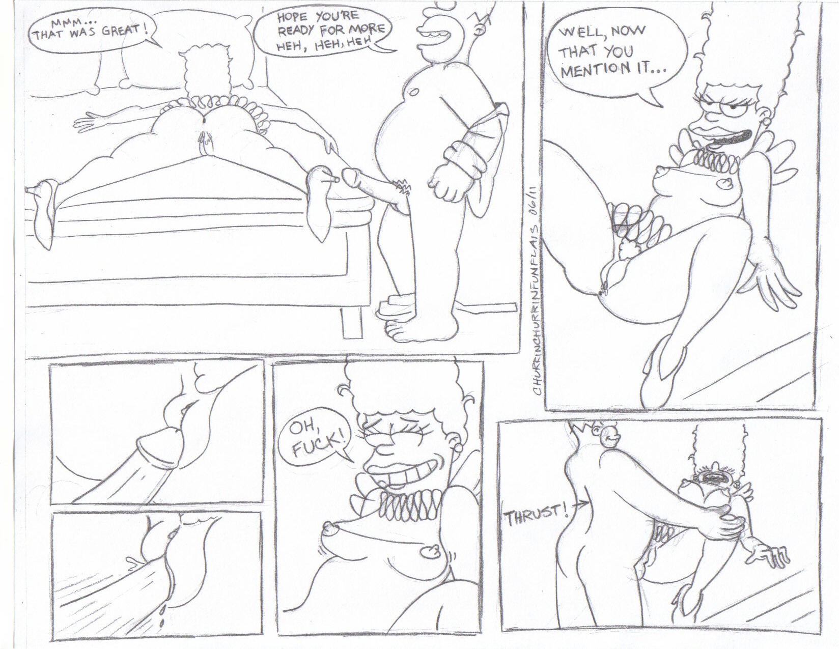 breasts clothes comic female homer_simpson human indoors insertion male marge_simpson monochrome nipples penis pussy rule34 sex straight tagme the_simpsons vulva