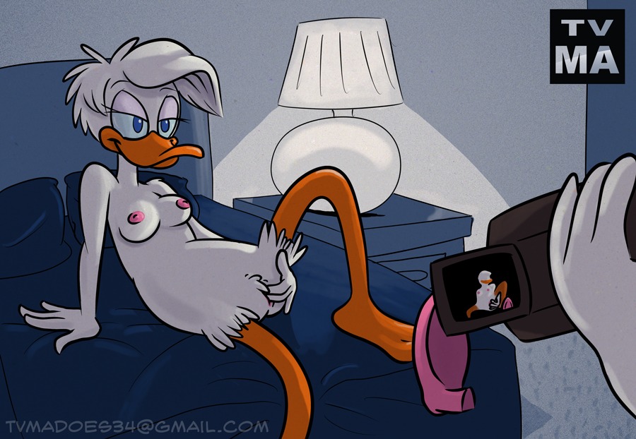 2011 anatid anseriform anthro avian beak bedroom_eyes bird breasts daisy_duck disney duck e621 eyelashes female genitals half-closed_eyes masturbation narrowed_eyes nipples non-mammal_breasts non-mammal_nipples quack_pack seductive smile solo text tvma vaginal vaginal_masturbation vulva
