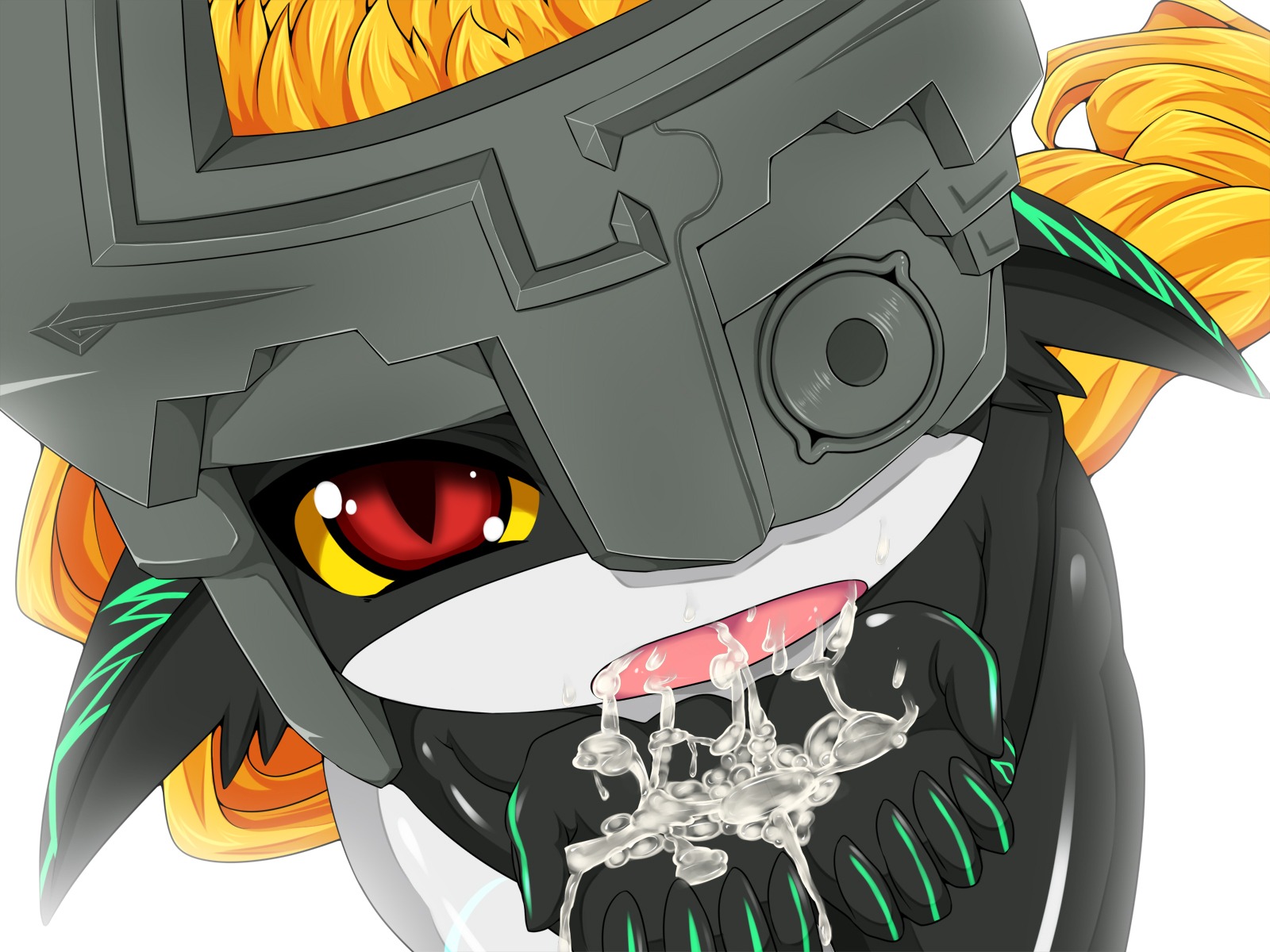 1girls amau_(artist) censored cum cum_in_hands cupping_hands female female_only highres imp imp_midna midna monster_girl red_eyes rule34 solo the_legend_of_zelda twilight_princess white_background