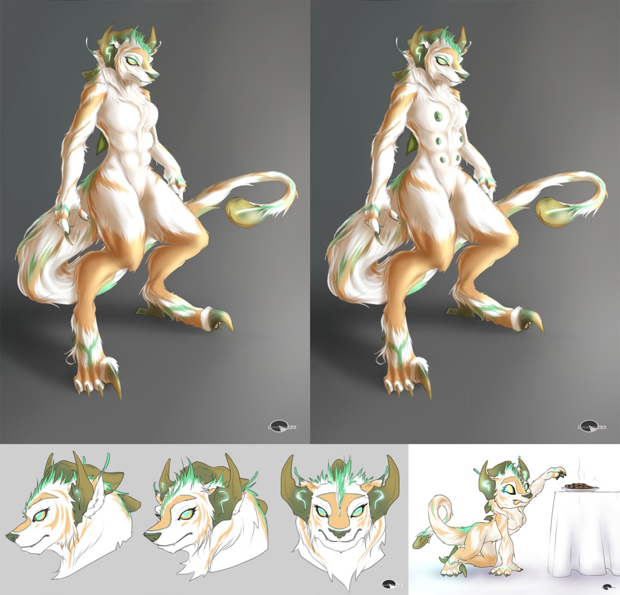 6_breasts anthro breasts brown_body brown_fur claws cookie digital_media_(artwork) e621 feet female food fur genitals green_body green_fur green_hair hair hi_res horn model_sheet multi_breast multicolored_body multicolored_fur nipples plate shalinka side_view simple_background solo stealing supernumerary_breasts tablecloth tail toes turnaround unknown_species vulva white_body white_fur yellow_eyes