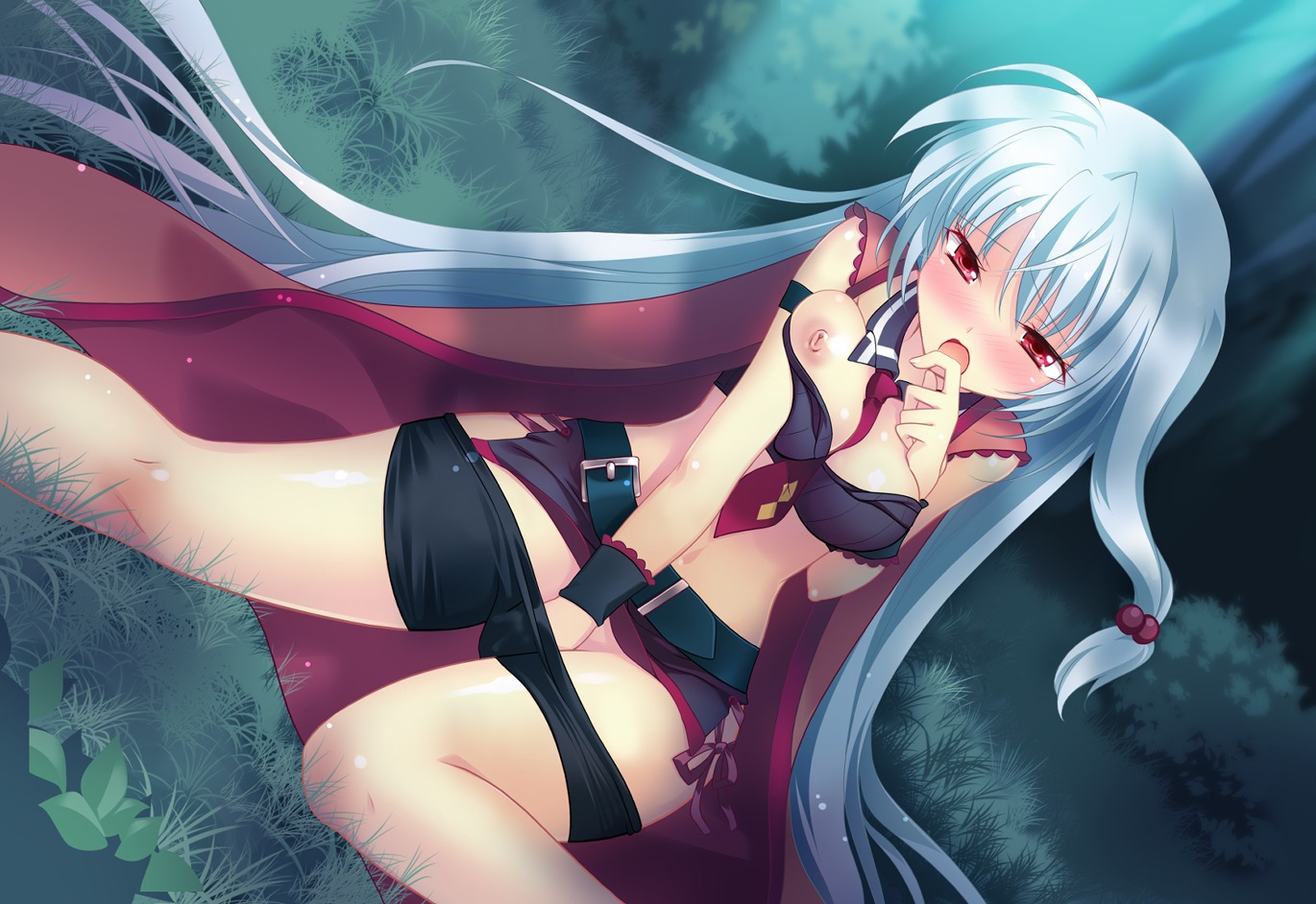 blush breasts cape female futsuno_fantasy game_cg grey_hair ichiyou_moka long_hair masturbation nipples red_eyes rule34