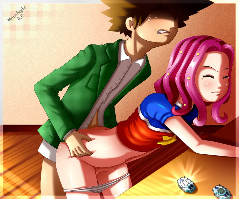 bent_over brown_hair clothes color day digimon digivice female hair human indoors male mimi_tachikawa panties pink_hair rule34 sex side_view silvermoonlight straight tagme taichi_yagami