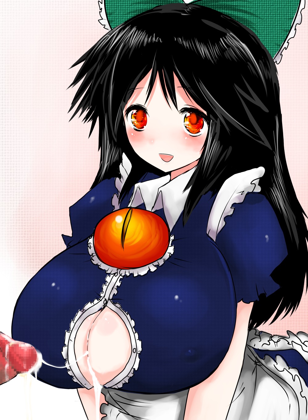 3_eyes alternate_costume black_hair breasts cleavage cum cum_on_body cum_on_breasts cum_on_upper_body dark-skinned_male dark_skin female hair_ornament han64 han_(jackpot) highres huge_breasts long_hair maid male multi_eye red_eyes rule34 touhou utsuho_reiuji