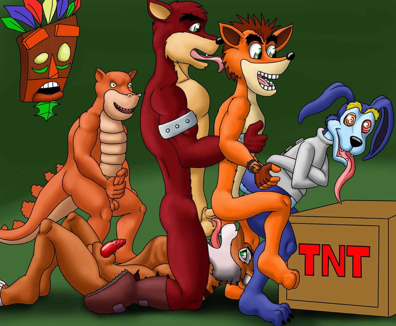 2011 6boys aku_aku anthro balls bandicoot canine cobra_mcjingleballs color crash_(series) crash_bandicoot crate crocodile crunch_bandicoot dingo dingodile erection fur furry gay green_background green_eyes hybrid incest interspecies kangaroo male male_only marsupial multiple_males penis ripper_roo rule34 simple_background tagme tiger tiny_tiger tnt tnt_crate video_games yaoi yiffox