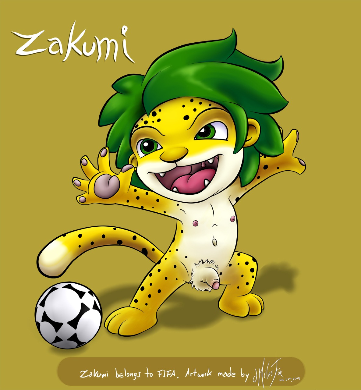 1boy ball_(object) balls barefoot feet fifa green_eyes green_hair leopard male male_only mascot official pad pads penis rule34 soccer soft solo spots spotted tail testicles text toes zakumi