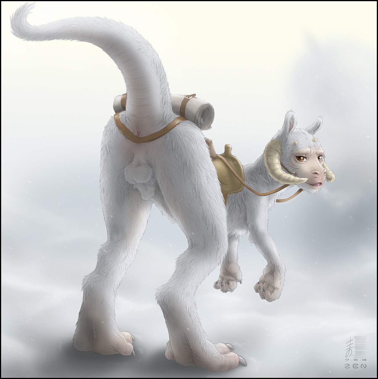 animal_genitalia anus balls breath brown_eyes butt cold e621 feral fully_sheathed fur genitals hi_res horn male mammal outside perineum presenting presenting_hindquarters raised_tail sheath snow solo star_wars tail tail_anus tauntaun white_body white_fur zenthetiger