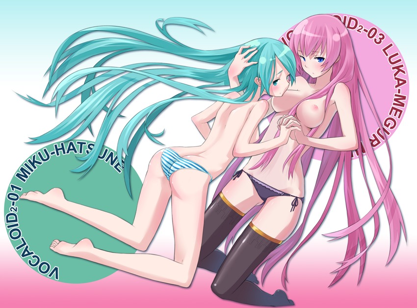 2girls aqua_eyes aqua_hair ass barefoot blue_eyes blush breasts female hatsune_miku holding_hands interlocked_fingers kneeling large_breasts long_hair medium_breasts megurine_luka multiple_girls nipples panties pink_hair rule34 side-tie_panties striped striped_panties tagme thighhighs topless twintails underwear very_long_hair vocaloid yuri