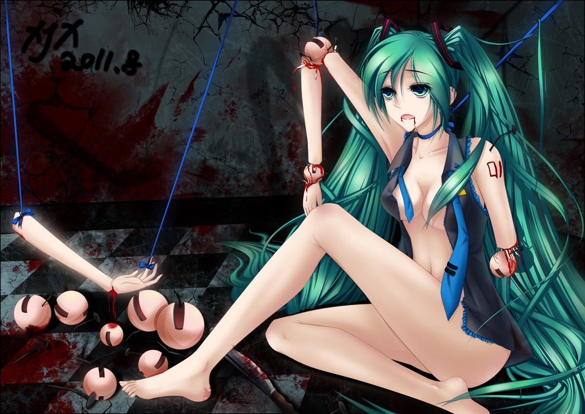1girl amputation aqua_hair arm barefoot beige_skin bleeding blood blood_stain bloody_knife bottomless breasts checkered_floor clothes color dismemberment female female_only green_eyes green_hair guro hair hatsune_miku injury knife long_hair medium_breasts nail necktie open_clothes open_shirt rule34 severed_arm severed_limb shirt sitting skin solo tied_hair twintails very_long_hair vocaloid wound