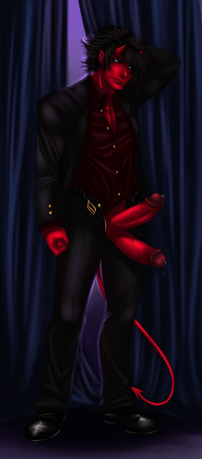 2_penises bodily_fluids clothing demon e621 erection genital_fluids genitals hi_res humanoid long_penis male multi_genitalia multi_penis penis precum solo standing suumunster thick_penis