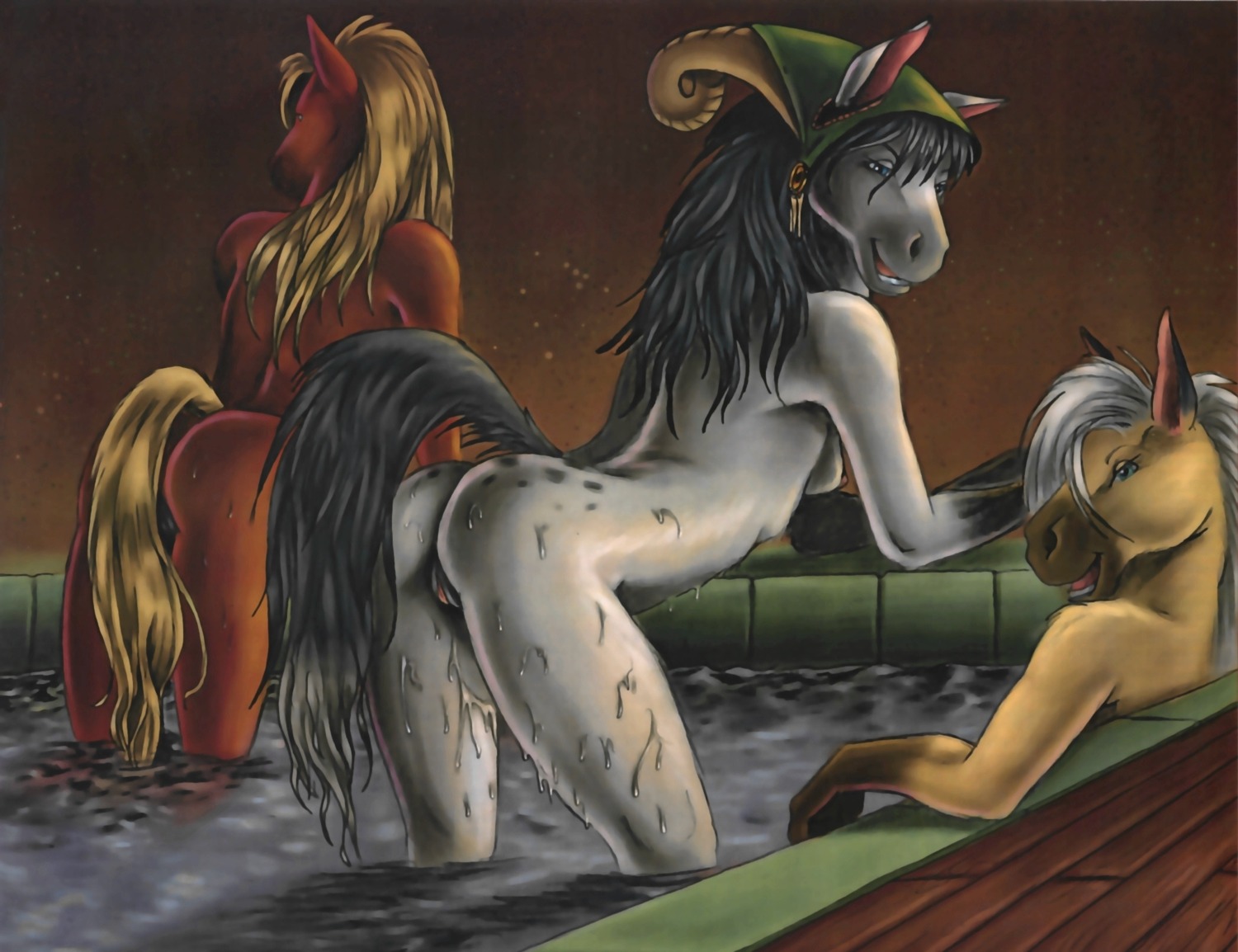anthro bath black_hair blonde_hair blue_eyes breasts butt casual_nudity e621 equid equine female genitals group group_nudity hair hi_res horse jewelry looking_at_viewer mammal mostly_nude_female nipples nude nude_female outside red_body red_skin side_boob sitting smile social_nudity standing stasis_delirium swimming_pool tail teeth tongue vulva water white_body white_hair white_skin yellow_body yellow_skin