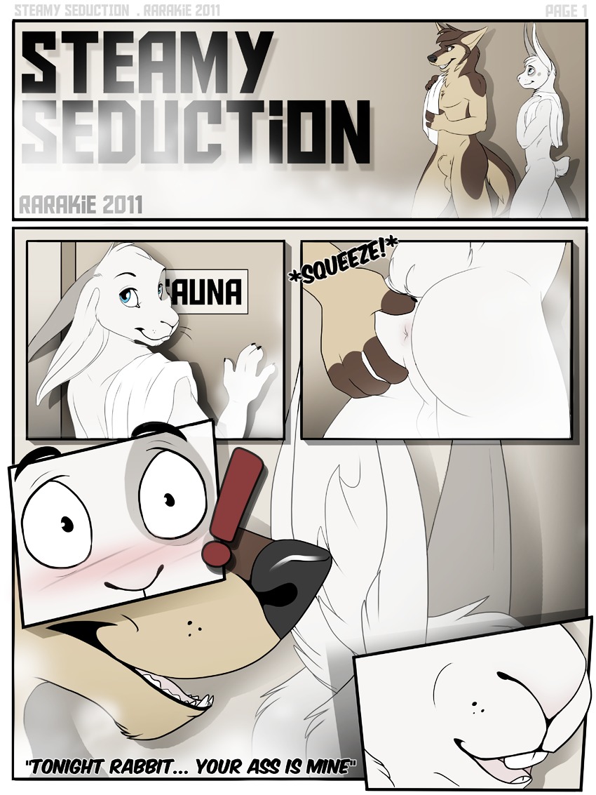 anthro anthro_on_anthro anus blue_eyes blush butt butt_grab canid canine canis close-up comic dialogue domestic_dog duo e621 english_text erection femboy fluffy fluffy_tail fur genitals german_shepherd grope hand_on_butt herding_dog lagomorph leporid male male/male mammal multiple_scenes pastoral_dog penis rabbit rarakie sauna steam steamy_seduction tail text towel white_body white_fur