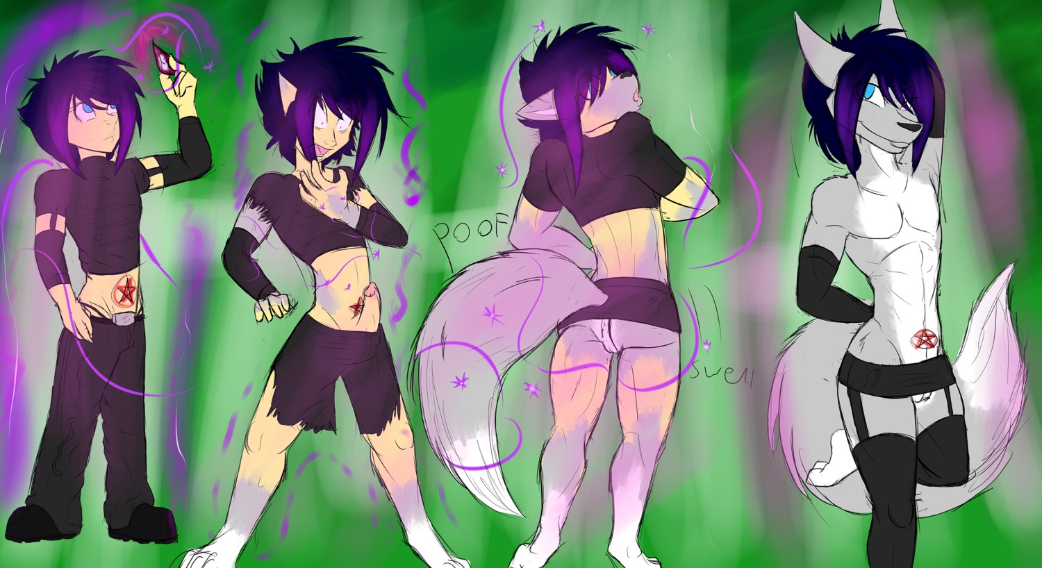 andromorph anthro base_one_layout basic_sequence bottomwear butt canid canine canis clothed clothing digital_media_(artwork) e621 four_frame_image four_frame_sequence fox gender_transformation genitals hi_res human hybrid intersex linear_sequence makarimorph male mammal microskirt miniskirt mta_transformation mti_transformation no_underwear one_row_layout sequence skirt solo transformation transformation_sequence vulva wolf
