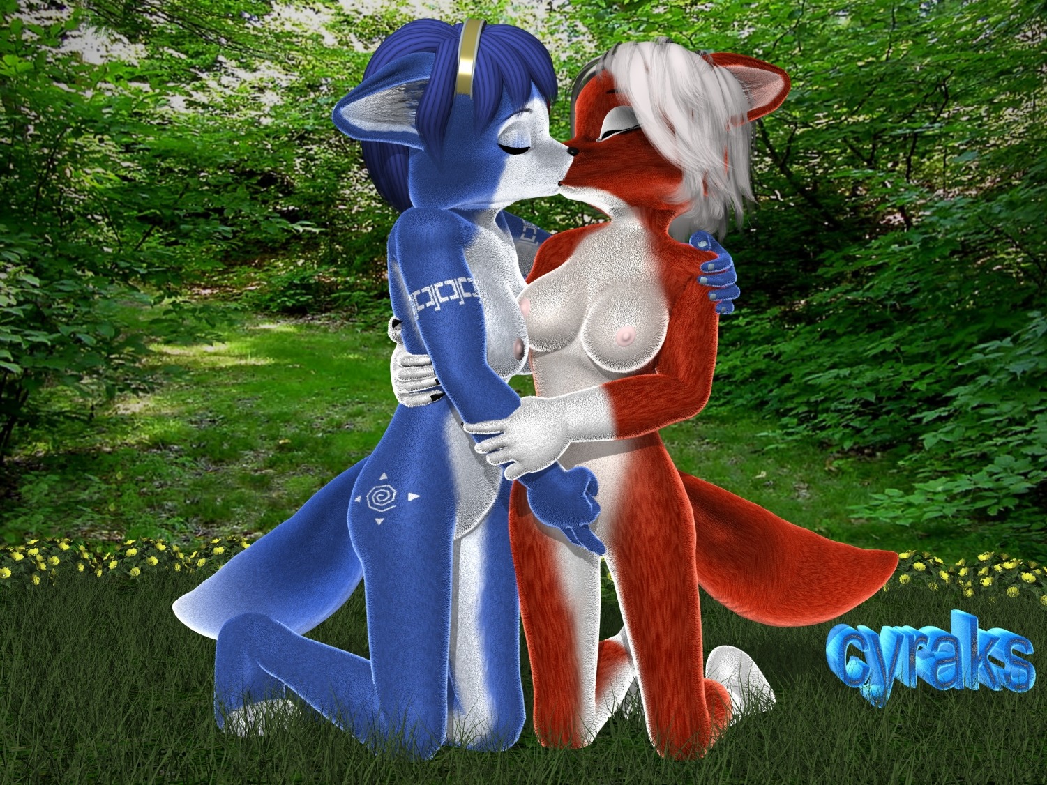 3d anthro barefoot blue_fur blue_hair breasts closed_eyes color cyraks day female female_only fingering fox fur furry furry_breasts furry_ears furry_tail grass hair kissing kneeling krystal krystal_(littledragon) multiple_females nipples nude outdoors pink_nipples pointy_ears red_fur rule34 short_hair star_fox tail white_fur white_hair yuri