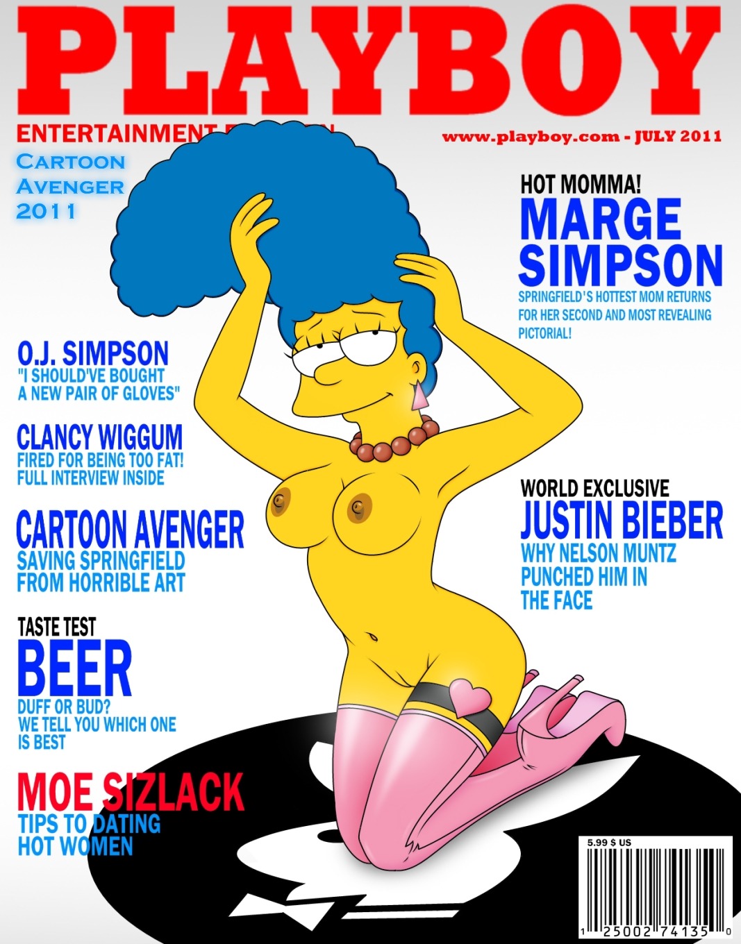 blue_hair breasts cartoon_avenger closed_mouth color curly_hair ear_piercing english_text exposed_breasts female female_only hair human kneeling long_hair looking_at_viewer marge_simpson mother_colette_choisez mouth necklace open_eyes pearl_necklace piercing playboy pose posing pussy rule34 skin solo text the_simpsons vulva yellow_skin