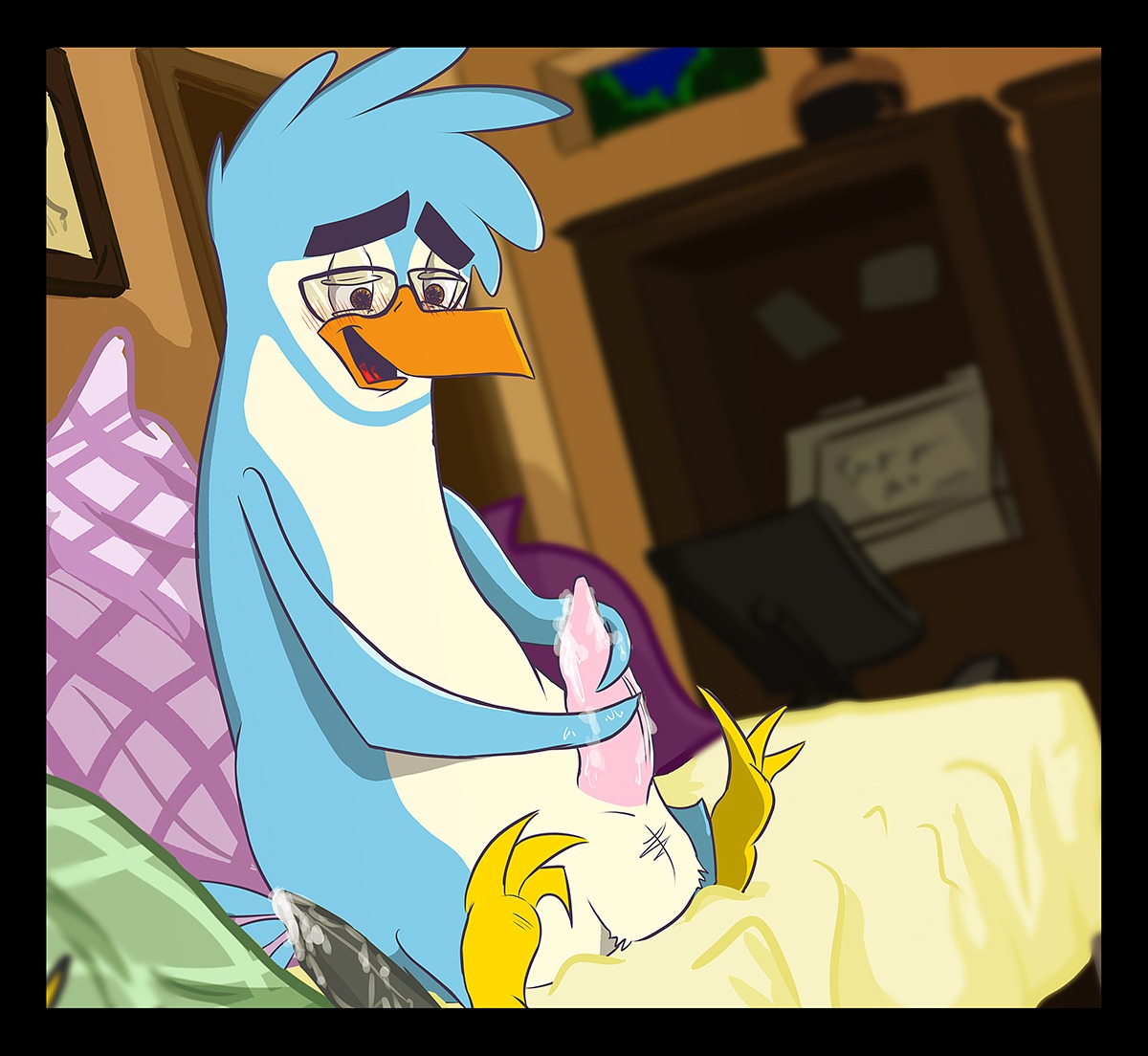 anthro avian balls beak biped bird black_border blush bodily_fluids border cum dildo dripping e621 erection eyewear genital_fluids genitals glasses kaisertaylorproducts male masturbation penguin penile penile_masturbation penis precum sex_toy sitting solo
