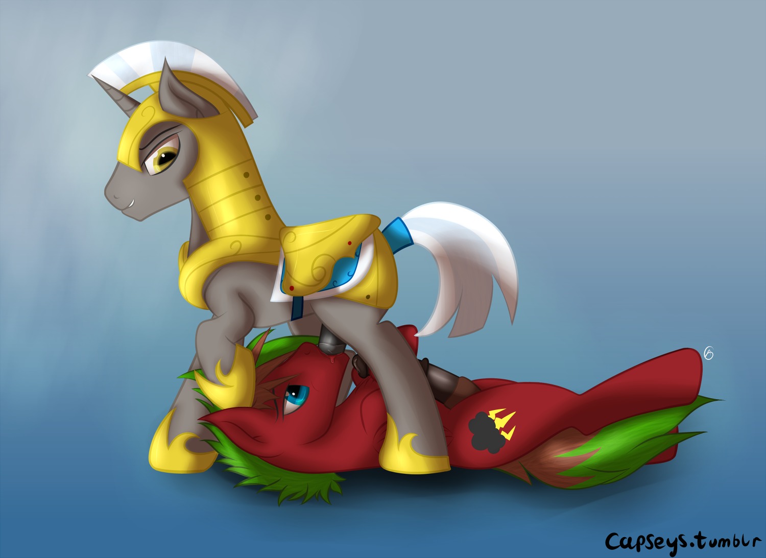 amber_eyes animal_genitalia animal_penis armor blue_background blue_eyes brown_hair capseys cutie_mark duo e621 equid equine equine_genitalia equine_penis erection fan_character fellatio feral friendship_is_magic genitals grey_body hair hasbro horn lying male male/male male_penetrated male_penetrating male_penetrating_male mammal my_little_pony mythological_creature mythological_equine mythology on_back oral oral_penetration penetration penile penis quadruped red_body royal_guard_(mlp) sex simple_background tail unicorn