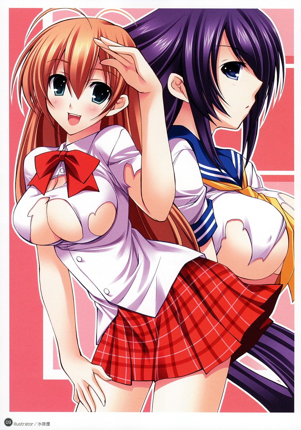 2girls breasts fanbook female highres ikkitousen kanu_unchou mizuhara_yuu multiple_females multiple_girls no_bra official_fanbook open_mouth rule34 scan school_uniform skirt sonsaku_hakufu toranoana torn_clothes
