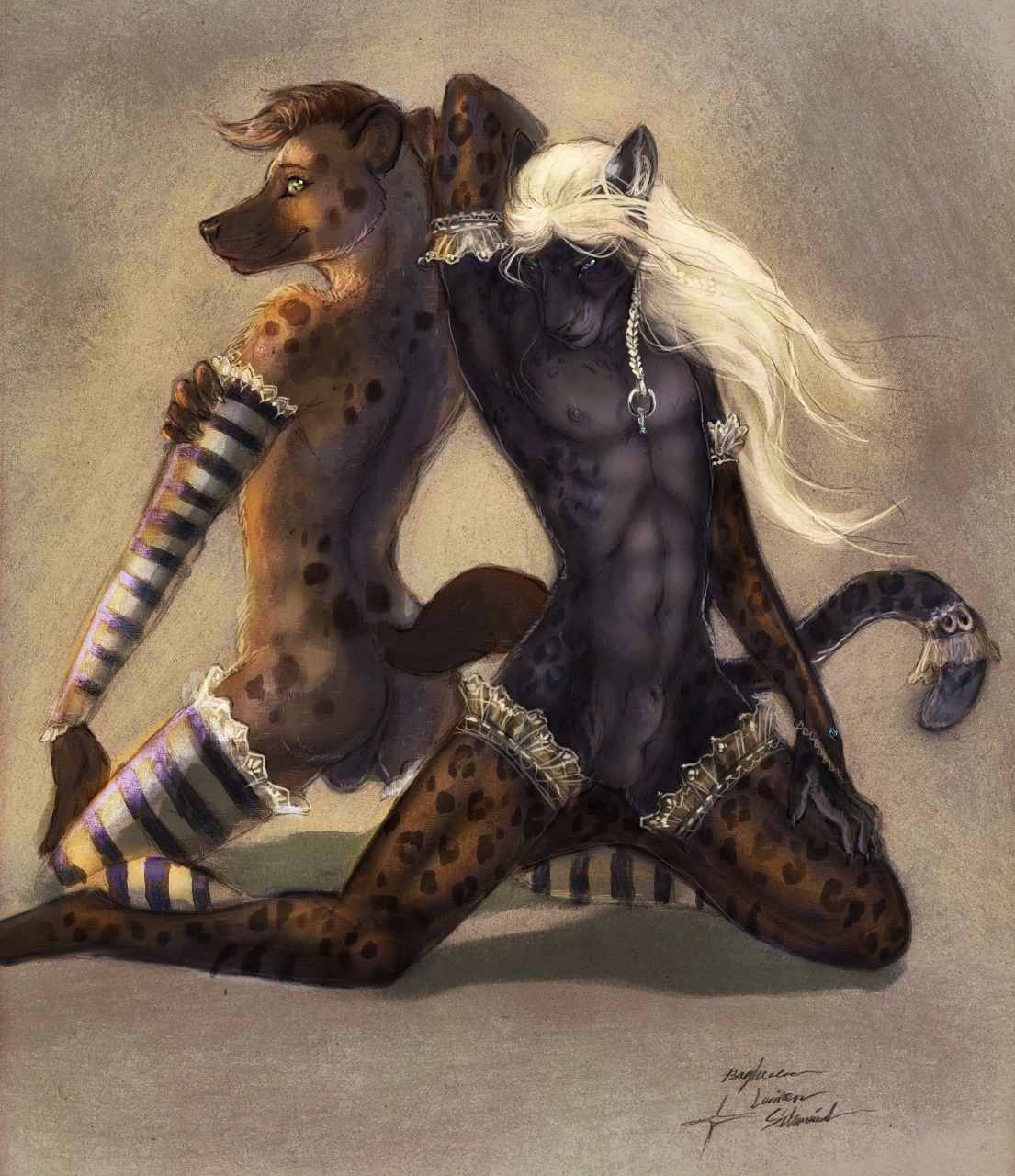 animal_genitalia anthro armwear bagheera bagheera_(fursona) balls blue_eyes braided_hair bridal_gauntlets clothed clothing crossdressing duo e621 felid femboy fingerless_gloves fully_sheathed genitals gloves green_eyes hair handwear hi_res hyena jace_(jace) kneeling lace legwear leopard lingerie long_hair mab male mammal melanistic pantherine pattern_armwear pattern_clothing pattern_legwear pose sheath spotted_hyena stockings striped_armwear striped_clothing striped_legwear stripes tail white_hair