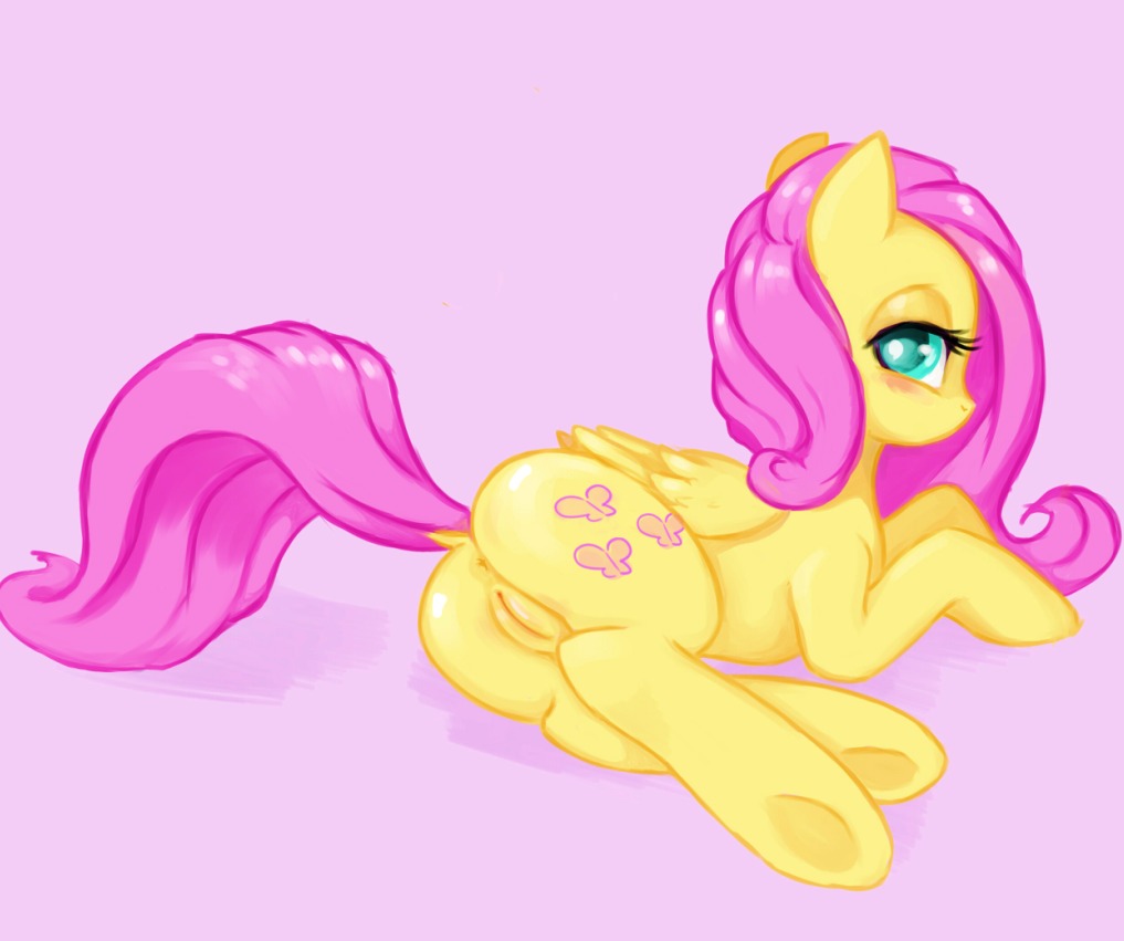 anus blue_eyes butt cutie_mark e621 equid equine feathered_wings feathers female feral fluttershy_(mlp) friendship_is_magic genitals hasbro justpony looking_at_viewer lying mammal my_little_pony mythological_creature mythological_equine mythology nude on_side pegasus presenting presenting_hindquarters quadruped simple_background solo tail vulva wings yellow_body yellow_feathers