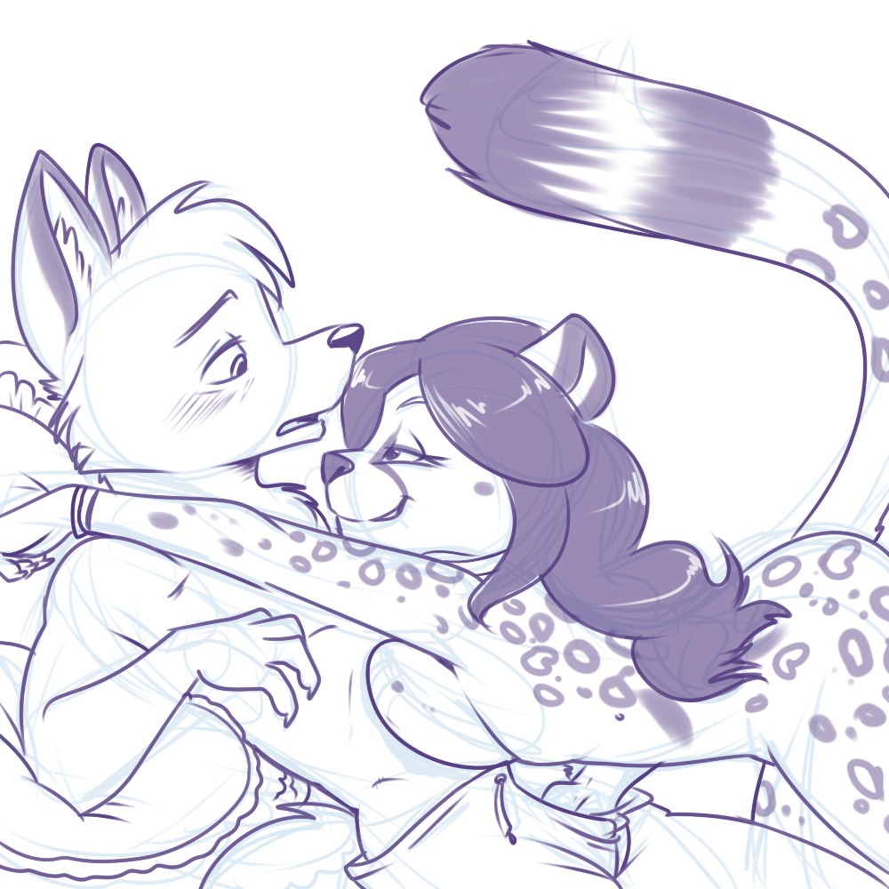 1:1 anthro arcthoudor_(character) bedroom_eyes blush bottomwear bracelet breast_squish breasts butt canid canine cheetah clothed clothing digital_media_(artwork) duo e621 eye_contact eyebrows eyelashes felid feline female fox grope hair half-closed_eyes jewelry lonbluewolf long_hair looking_at_another male male/female mammal monochrome narrowed_eyes nude pants pillow seductive side_boob simple_background smile spots squish surprised teasing topless white_background