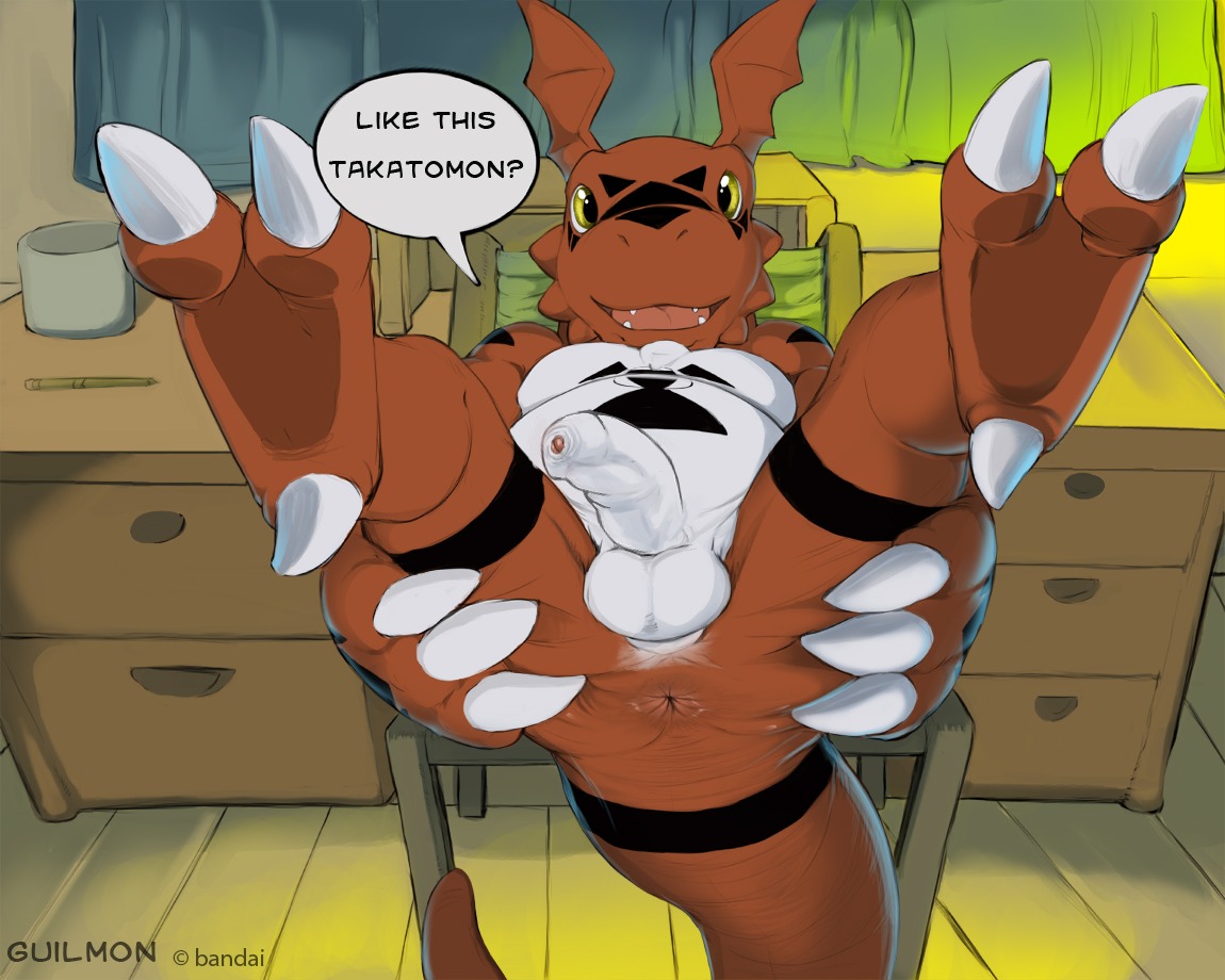 2012 2_toes 5:4 alternate_color anthro anus balls bandai_namco belly bent_legs biped butt chair claws digimon digimon_(species) digiphilia digital_hazard dragon e621 english_text extended_arms feet foreskin furniture genitals guilmon half-erect hand_on_butt hand_on_own_butt hands_on_legs hands_on_own_legs hands_on_own_thighs hands_on_thighs hindpaw holding_both_legs holding_both_thighs holding_butt humanoid_genitalia humanoid_penis interspecies inverted_zero_unit legs_up looking_at_viewer lying male markings mythological_creature mythological_scalie mythology narse nude on_back open_mouth paws penis presenting presenting_hindquarters red_body reptile scalie smile soles solo spread_butt spread_legs spreading symbol tail text third-party_edit tight_foreskin toes tongue white_belly yellow_eyes zero_unit