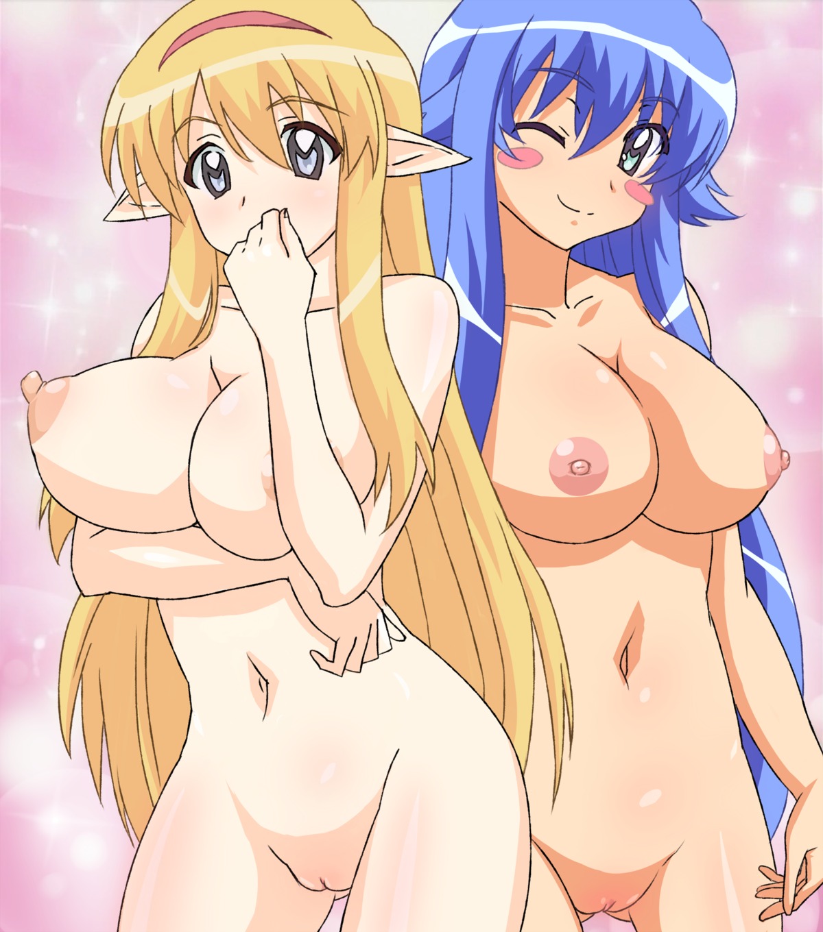 2girls blonde_hair blue_hair blush breasts erect_nipples female high_resolution large_breasts long_hair multiple_females multiple_girls nipples nude nude_filter photoshop pussy rule34 smile sylpheed tiffania_westwood uncensored wink zero_no_tsukaima
