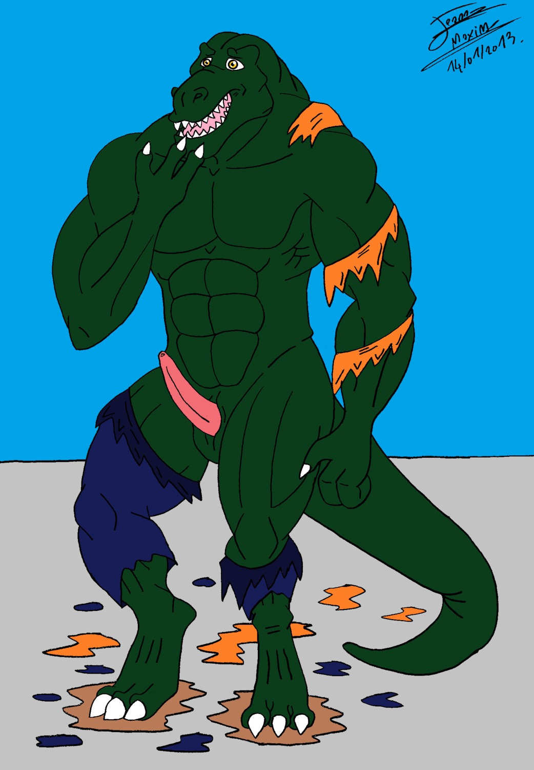 2013 abs animal_genitalia anthro balls biceps biped bottomwear claws clothed clothing dinosaur e621 erection fangs genitals green_body green_skin hi_res male maxime-jeanne muscular muscular_anthro muscular_male nude open_mouth pecs penis pose prehistoric_species reptile saurischian scales scalie sheath shorts solo standing tail teeth theropod toe_claws tongue topless torn_clothing tyrannosaurid tyrannosauroid tyrannosaurus tyrannosaurus_rex yellow_eyes