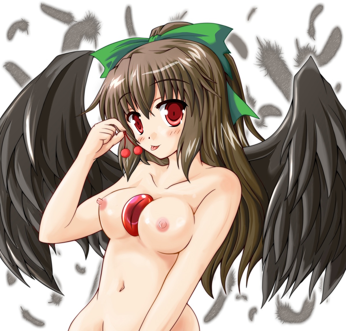 1girls blush bow breasts brown_hair bust cherry eyes female food fruit hair_ribbon hairbow hiiragi_tomoka holding holding_fruit long_hair navel nipples nude red_eyes ribbon rule34 solo tongue touhou utsuho_reiuji wings