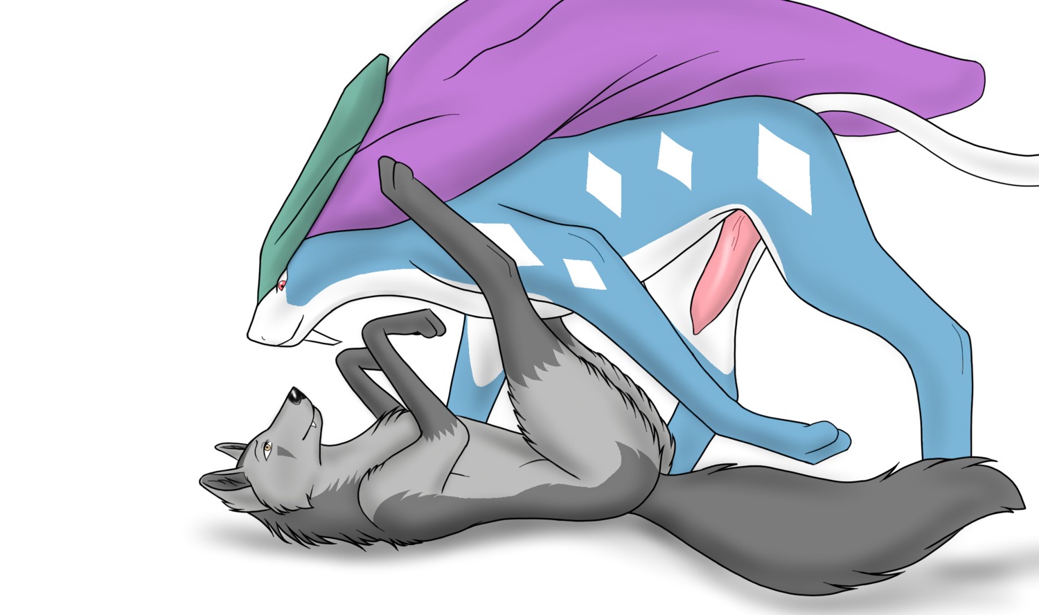 airisu ambiguous_gender canid canine duo e621 erection eye_contact feral feral_on_feral generation_2_pokemon generation_3_pokemon genitals hi_res larger_male legendary_pokemon looking_at_another male mammal mane mightyena nintendo penis pokemon pokemon_(species) simple_background size_difference smaller_ambiguous suicune tail tapering_penis white_background