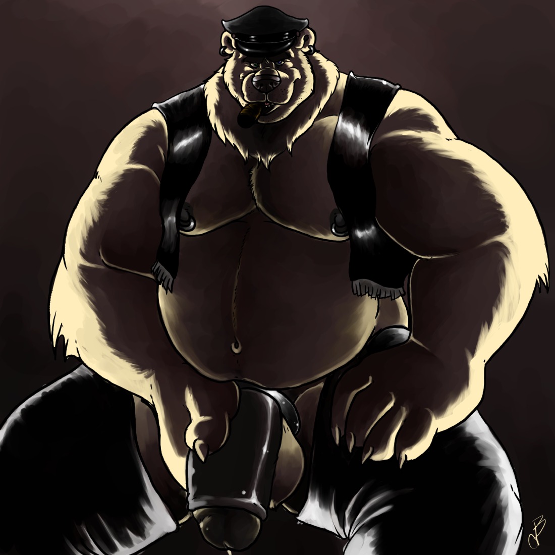1:1 accessory animal_genitalia anthro balls bdsm bear belly biceps big_muscles big_penis biped black_nose black_penis blue_eyes bodily_fluids bottomwear brown_bear chaps cigar claws clothed clothing cock_ring cum dramamine dripping e621 ear_piercing facial_hair foreskin front_view genital_fluids genitals green_eyes grizzly_bear half-erect hand_on_leg hand_on_penis hand_on_thigh hat headgear headwear heterochromia huge_penis humanoid_genitalia humanoid_penis jewelry kneeling leather leather_daddy looking_at_viewer male mammal manly masturbation mature_anthro mature_male mostly_nude musclegut muscular muscular_anthro muscular_arms muscular_male nipple_piercing nipples open_clothing open_mouth open_shirt open_topwear overweight overweight_anthro overweight_male pants partially_retracted_foreskin paws pecs penile penile_masturbation penis penis_accessory penis_jewelry piercing polar_bear pose precum sabbern shirt simple_background slightly_chubby smoking solo standing teeth thick_penis tongue topwear ursine vein veiny_penis vest