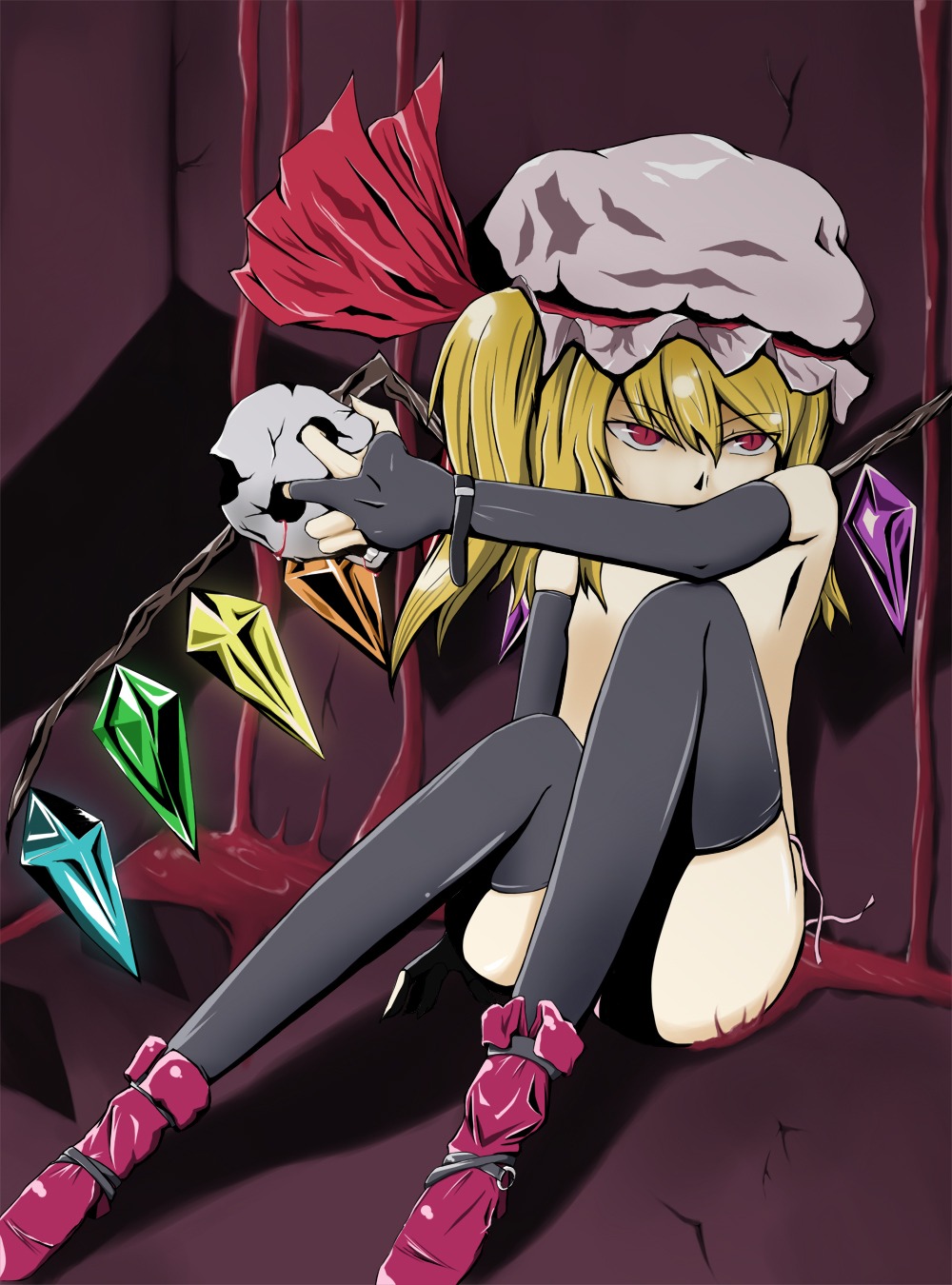 blonde_hair blood female flandre_scarlet hat high_res highres iro_(pixiv) nude ribbon rule34 short_hair skull socks solo thighhighs touhou wings