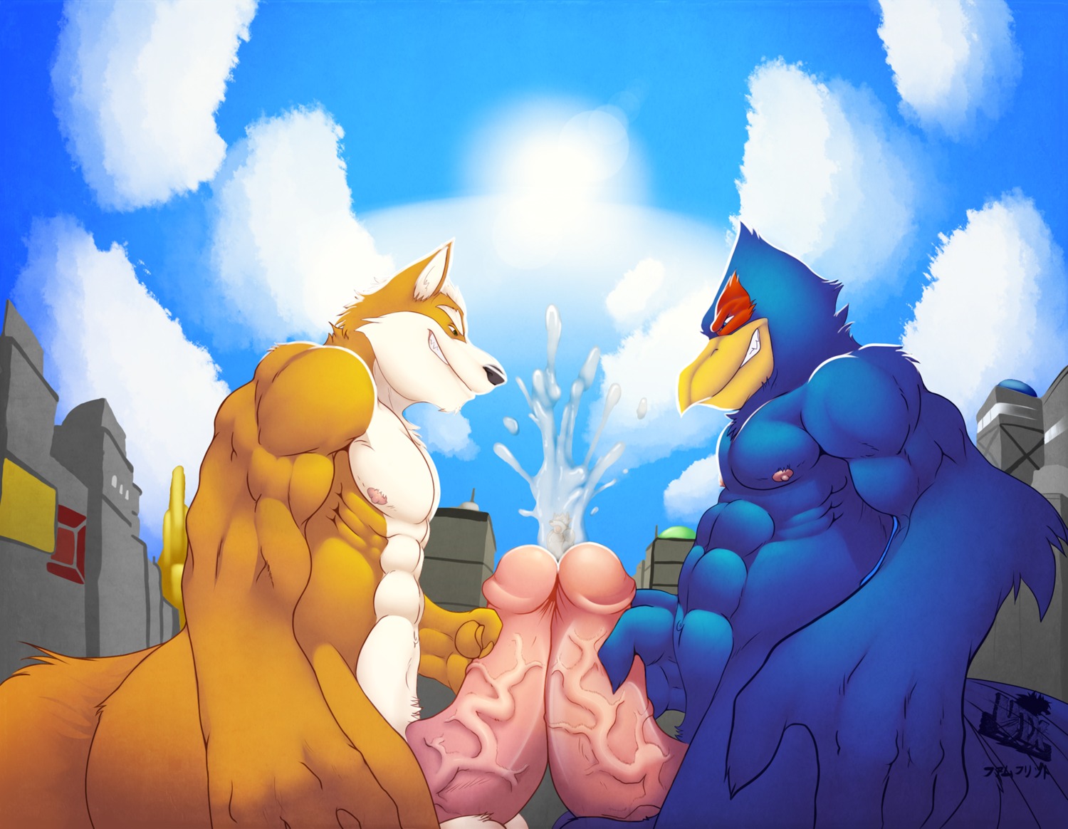 abs anthro athletic avian balls beak biceps big_muscles big_penis bird black_nose blue_body blue_feathers bodily_fluids brown_body brown_fur canid canine canis cum cumshot duo e621 ejaculation erection falco_lombardi famfrit fangs feathers fox fox_mccloud frottage fur genital_fluids genitals grin hi_res huge_penis humanoid_genitalia humanoid_penis hyper hyper_genitalia hyper_penis interspecies macro male male/male mammal micro muscular muscular_male nintendo nipples nude orgasm pecs penile penis penises_touching pose sex smile standing star_fox tan_body tan_fur teeth thick_penis utx-shapeshifter vein veiny_penis white_body white_fur wolf wolf_o'donnell