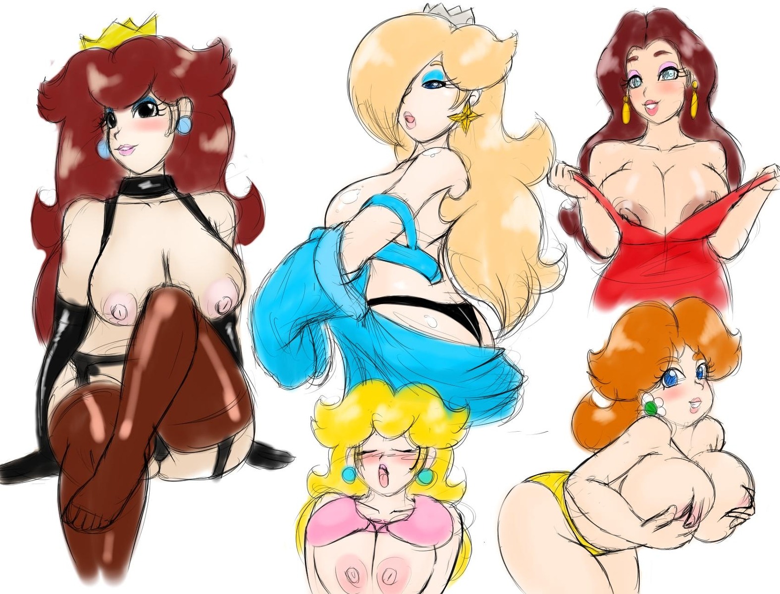 5girls areola ass bbw blonde_hair blue_eyes blush breast_grab breasts cleavage crown dress earring erect_nipples eyeliner eyeshadow female female_only garter_belt human large_breasts lipstick looking_at_viewer makeup mario_(series) multiple_females multiple_girls nintendo nipples panties pauline pauline_(mario) princess_daisy princess_peach princess_rosalina princess_toadstool princess_toadstool_(dic_cartoons) rule34 sideboob speeds stockings super_mario_bros. the_super_mario_bros._super_show! thighhighs thong topless undressing voluptuous