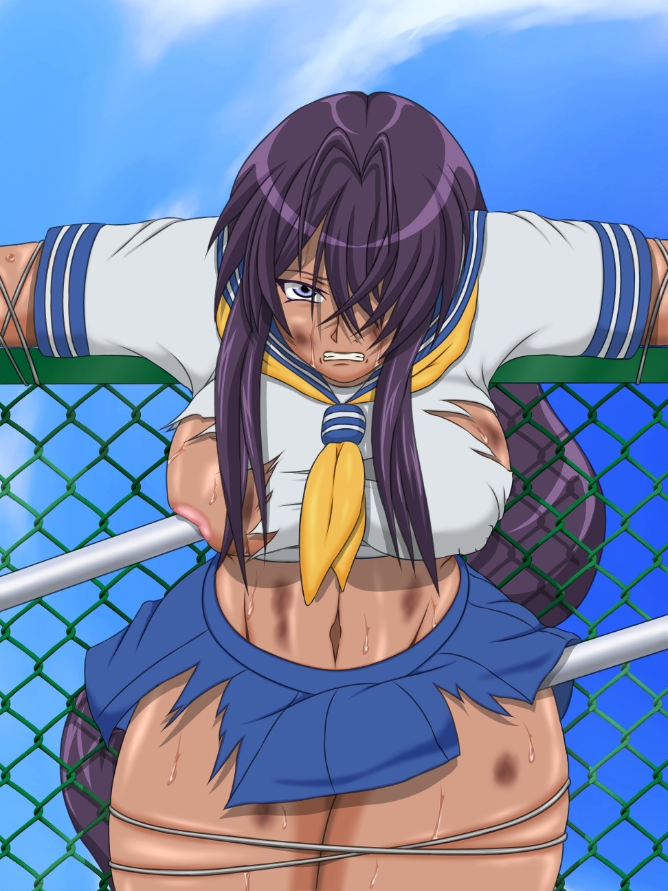 big_breasts breasts bruise bruises female hair_over_one_eye highres ikkitousen injury kanu_unchou large_breasts long_hair looking_at_viewer midriff nipples rule34 school_uniform skirt torn_clothes