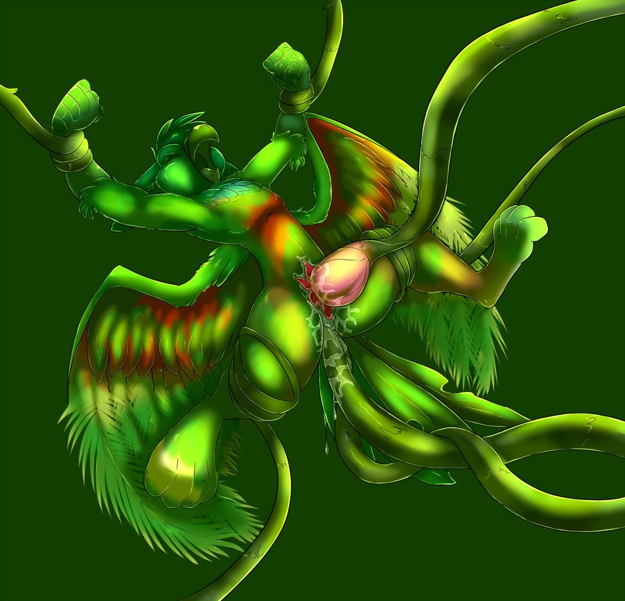 anal anal_penetration avian beak bloo bodily_fluids cum cum_in_tentacles dripping e621 eyes_closed feathered_wings feathers flower forced forced_orgasm genital_fluids green_body green_feathers green_theme gryphon hi_res leaf male mythological_avian mythological_creature mythology nude open_mouth orgasm penetration penis_in_tentacle plant plant_sex rape sex solo spread_legs spreading tentacle_maw tentacle_sex tentacles transformation wings