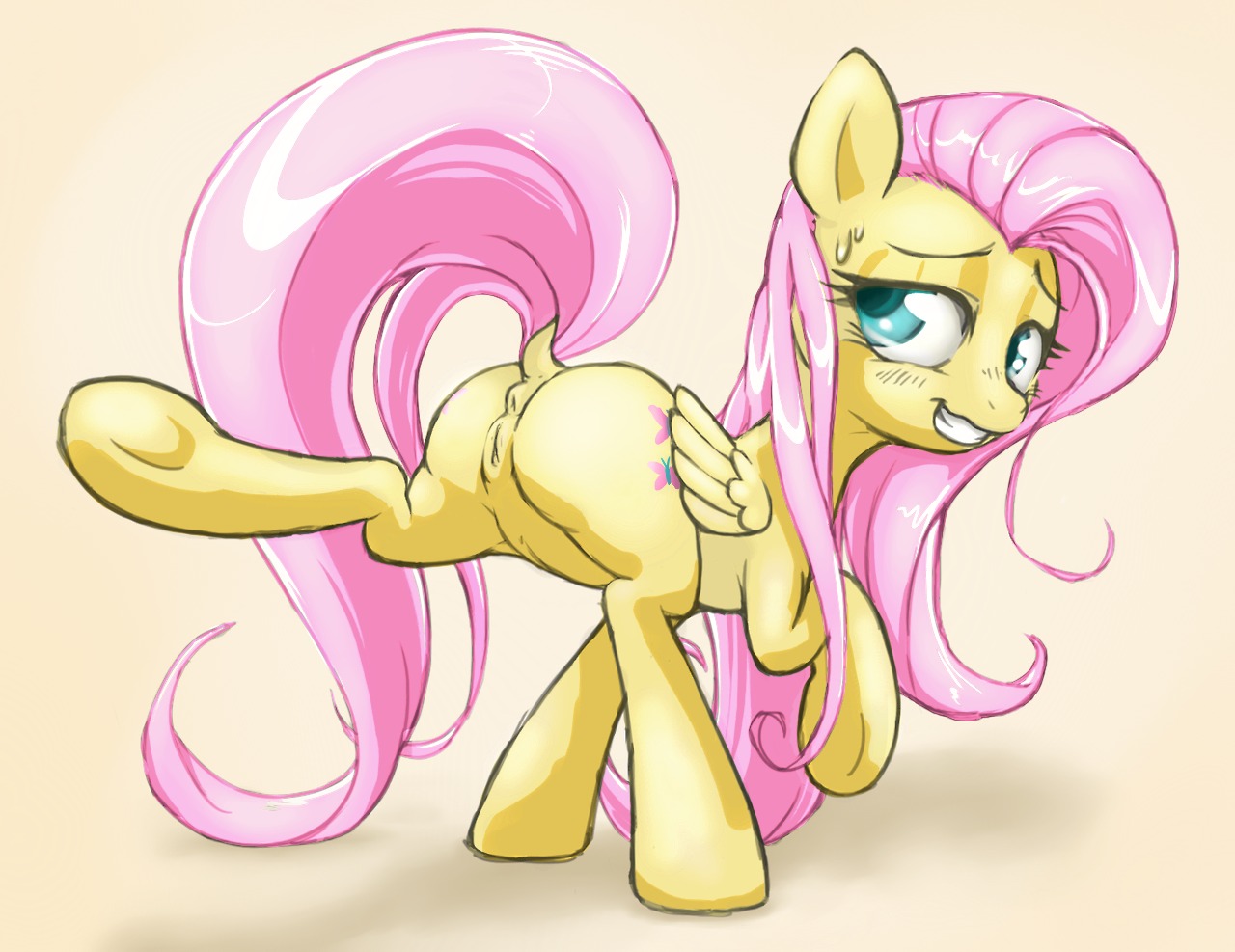 2013 anus blush bodily_fluids butt chromaskunk colored cutie_mark digital_media_(artwork) e621 equid equine feathered_wings feathers female feral fluttershy_(mlp) friendship_is_magic fur genitals hair hasbro long_hair mammal my_little_pony mythological_creature mythological_equine mythology one_leg_up pegasus pink_hair presenting raised_leg simple_background solo stoic5 sweat vulva wings yellow_body yellow_feathers yellow_fur