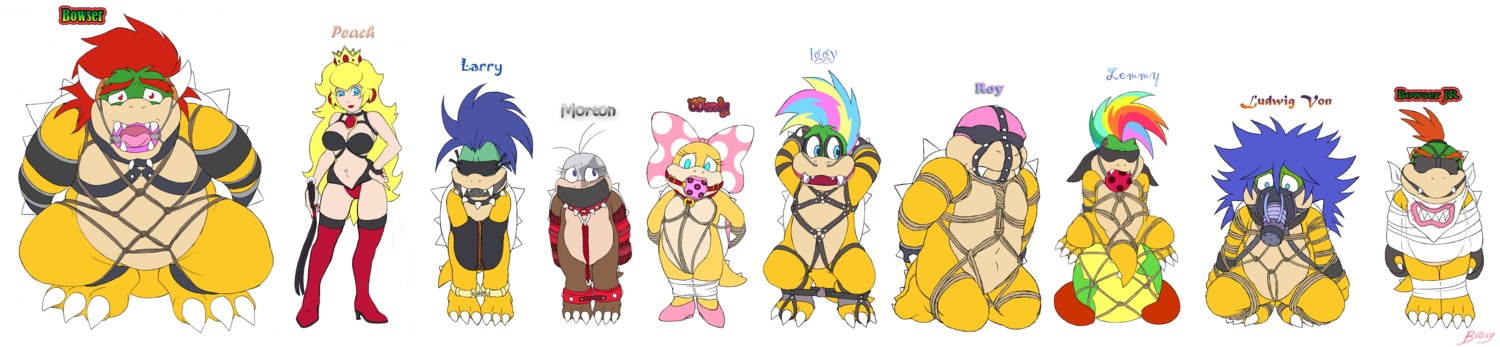 2girls 6+boys 8boys ball_gag bdsm blonde_hair blue_eyes bondage bossy bow bowser bowser_jr. breasts dominatrix eyelashes female femdom high_heels horns iggy_koopa koopa koopaling koopalings larry_koopa lemmy_koopa lipstick ludwig_von_koopa male mario_(series) morton_koopa_jr. multiple_boys multiple_males nintendo polka_dots princess_peach roy_koopa rule34 shell spiked_bracelet spiked_collar spiked_shell spikes straight_hair super_mario_bros. tail text the_super_mario_bros._super_show! wendy_o._koopa white_background zetsho