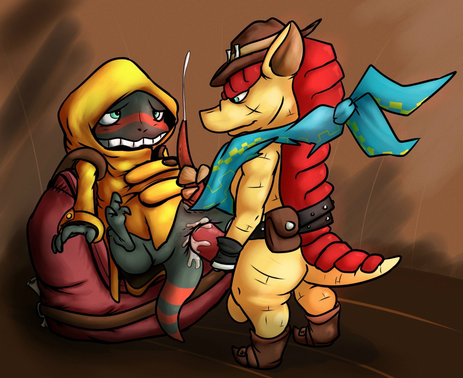 2014 amphibian anal anal_penetration anthro anus armadillo barefoot blush bodily_fluids clothed clothed_sex clothing cum cum_while_penetrated cumshot digital_media_(artwork) dillon's_rolling_western dillon_(dillon's_rolling_western) duo e621 ejaculation emenius erection feet genital_fluids genitals handjob hi_res hood male male/male male_penetrated male_penetrating male_penetrating_male mammal nintendo nude orgasm partially_clothed penetration penile penis robe sal_arms_dealer salamander sex sitting standing teeth xenarthran
