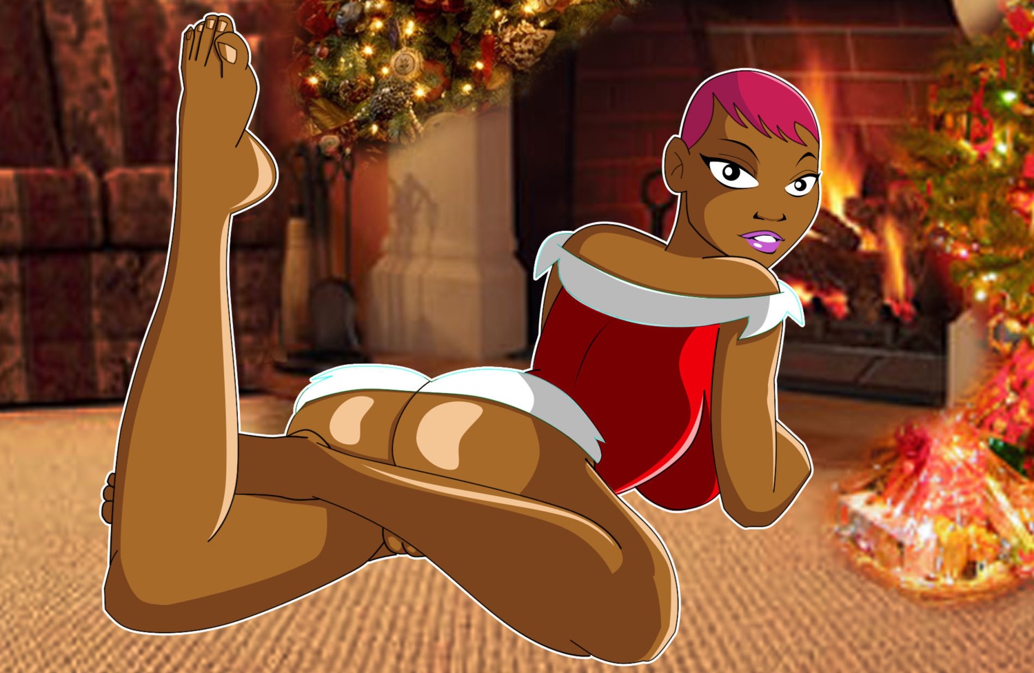 1girls ass barefoot batman_(series) batman_beyond bottomless_skirt breasts christmas curvy dark-skinned_female dark_skin dc dc_comics dcau feet female female_only grimphantom large_ass large_breasts max_gibson no_panties pussy rule34 skirt