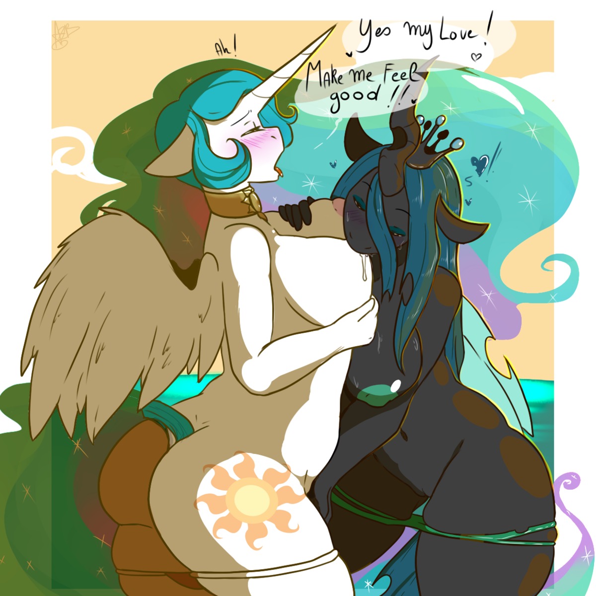 1:1 2014 anthro anthrofied arthropod big_breasts black_body blue_hair blush bodily_fluids breast_play breast_suck breastfeeding breasts butt changeling_(mlp) clothed clothing cutie_mark dialogue digital_media_(artwork) duo e621 english_text equid equine exclamation_point feathered_wings feathers female female/female fingering friendship_is_magic fur geeflakes genitals hair hasbro heart_symbol hi_res horn huge_breasts lactating mammal milk multicolored_hair my_little_pony mythological_creature mythological_equine mythology nipples open_mouth panties panties_down partially_clothed princess_celestia_(mlp) queen_chrysalis_(mlp) sucking suckling text tongue tongue_out underwear underwear_down vulva white_body white_fur winged_unicorn wings