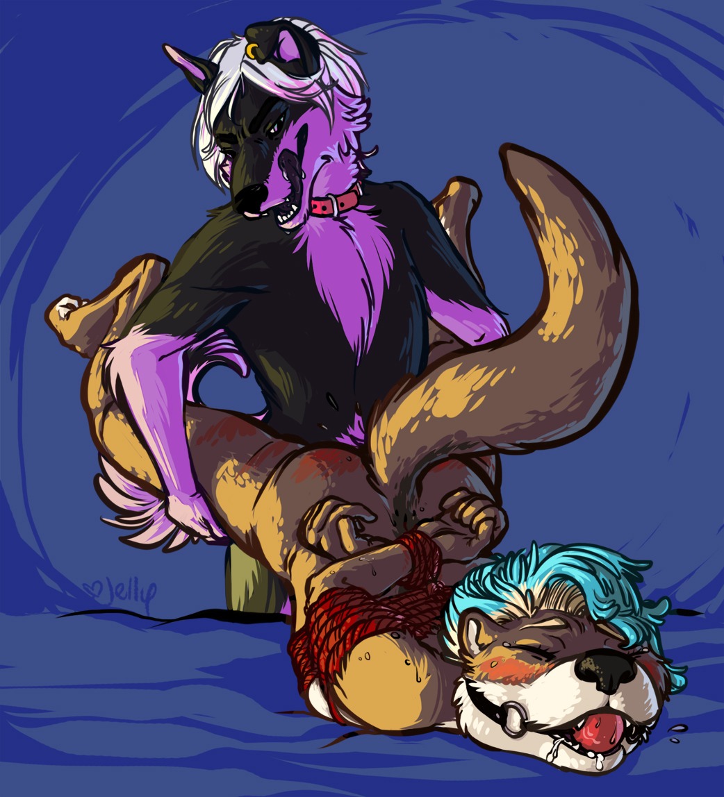 anthro ball_gag bdsm blue_eyes bodily_fluids bondage bound bree_helix canid canine canis collar domestic_dog duo e621 female from_behind_position fur gag gagged hair husky jellybats male male/female mammal mustelid nordic_sled_dog otter peperment purple_body purple_fur rope saliva sex spank_marks spitz white_hair
