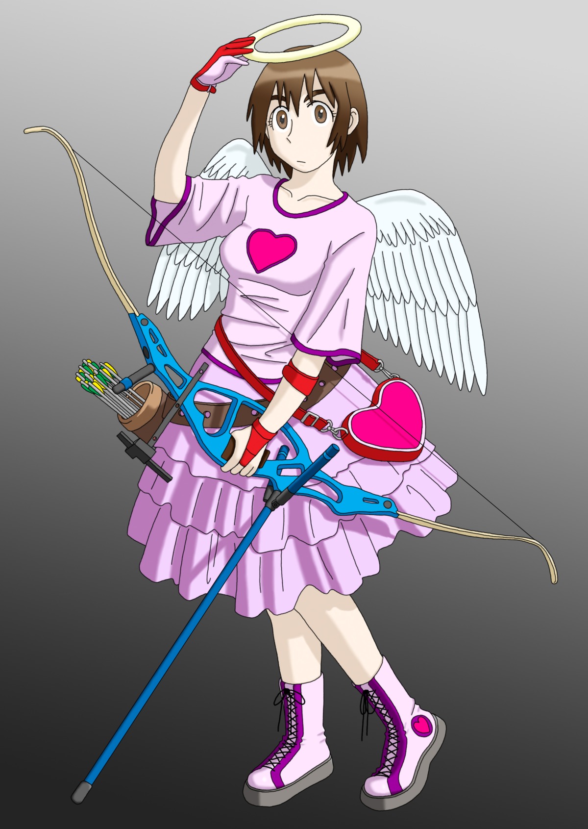 angel ayase_fuuka bow_(weapon) brown_eyes brown_hair clothing female halo heart highres rule34 short_hair weapon wings yotsuba&amp;!