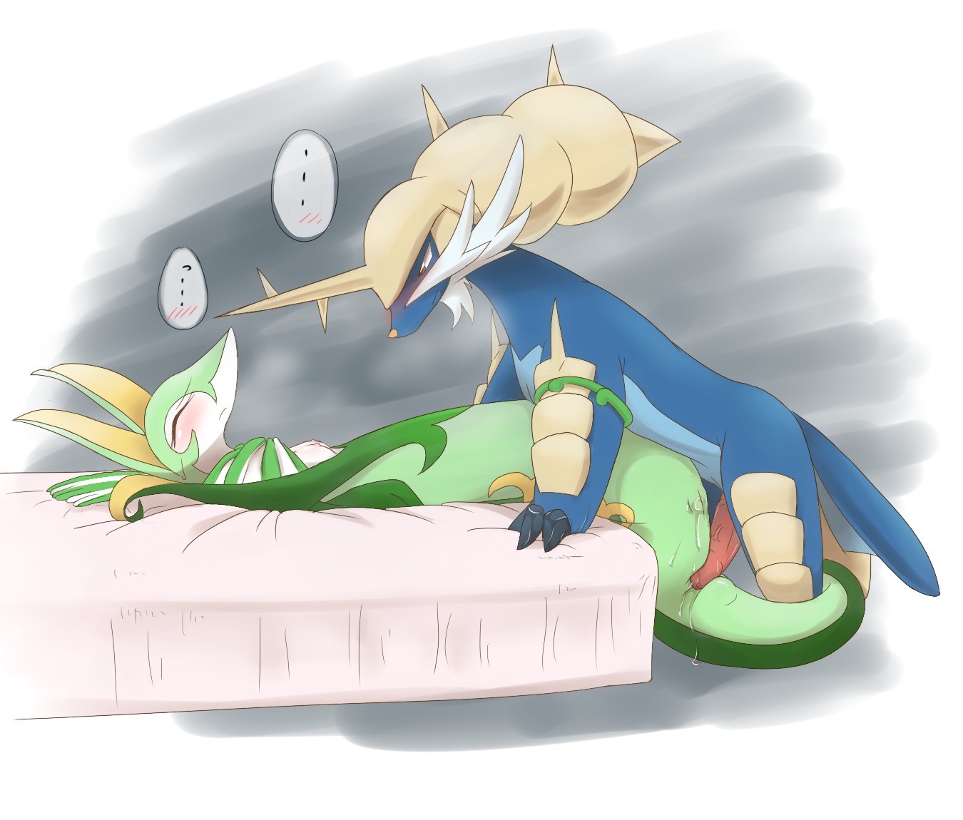 bed blush bodily_fluids breasts busty_feral dairou duo e621 erection eyes_closed female feral from_front_position furniture generation_5_pokemon genital_fluids genitals interspecies japanese_text kajinchu lying male male/female missionary_position nintendo non-mammal_breasts nude on_back penis pokemon pokemon_(species) precum reptile samurott scalie serpentine serperior sex side_view small_breasts snake text tsutami vaginal_fluids vulva wet