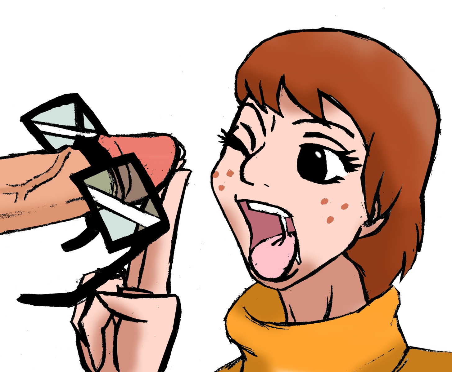 brown_hair clothed_female_nude_male crocface female freckles glasses human imminent_fellatio imminent_oral male one_closed_eyes open_mouth penis penis_poke rule34 saliva scooby-doo short_hair straight turtleneck velma_dinkley