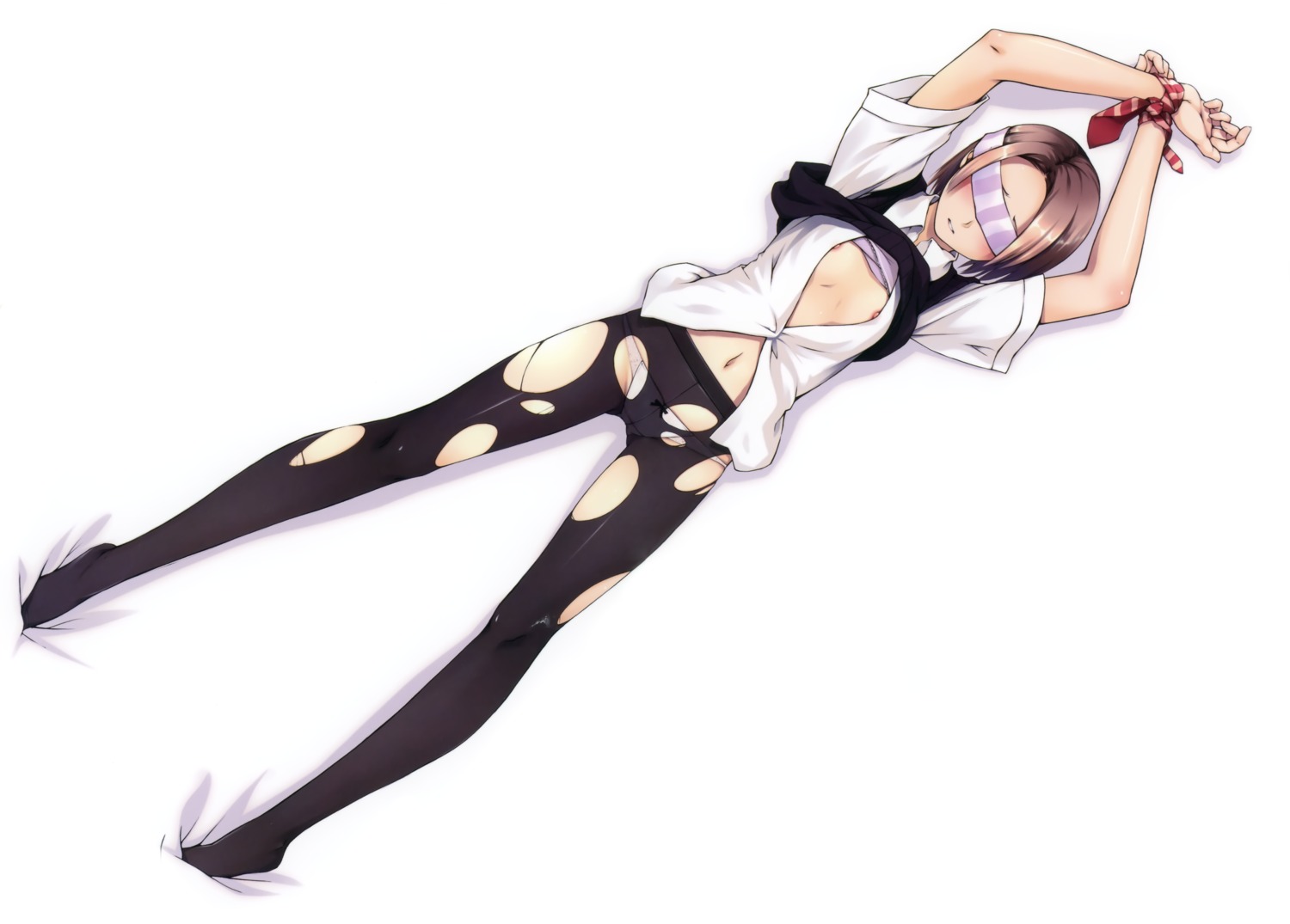 bondage bra breasts cleavage female nipple_slip noantica ooji open_clothes open_shirt panties pantyhose rule34 shirt torn_clothes