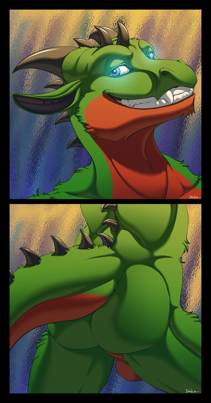 2014 abstract_background anthro backsack balls biped black_border border butt conditional_dnp danza dragon e621 fur genitals glistening glowing green_body grin half-closed_eyes happy hi_res horn looking_at_viewer male mythological_creature mythological_scalie mythology narrowed_eyes presenting presenting_hindquarters rhys_wysios scalie shadow sharp_teeth simple_background smile solo spikes standing tail teeth