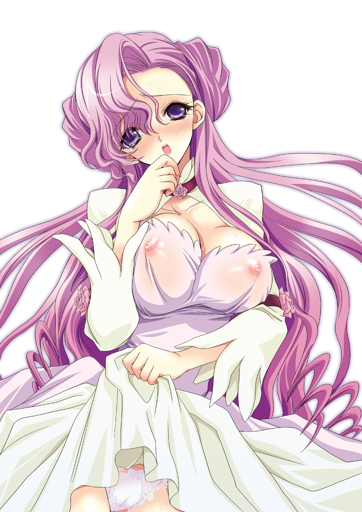 1girls big_breasts blushing breasts code_geass dress dress_lift euphemia_li_britannia female hair highres large_breasts looking_at_viewer nekoaki nipples nipples_visible_through_clothing panties purple_eyes purple_hair rule34 see-through skirt_lift solo solo_female underwear