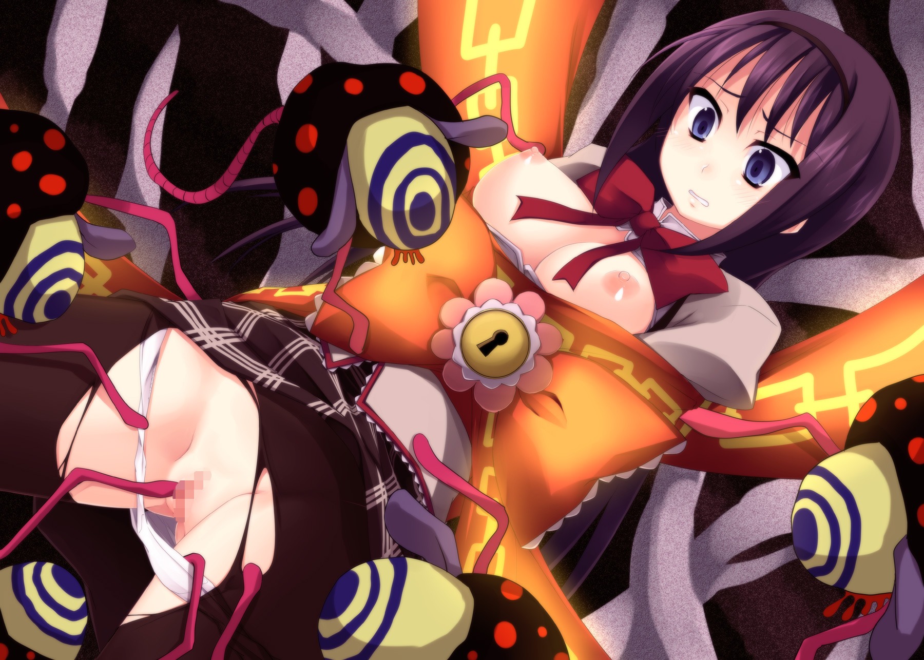 akemi_homura black_hair blue_eyes bondage bow breasts censored female hairband highres keyhole mahou_shoujo_madoka_magica mosaic_censoring nagami_yuu nipples panties pantyhose pyotr_(madoka_magica) rule34 tied_up torn_clothes torn_pantyhose underwear